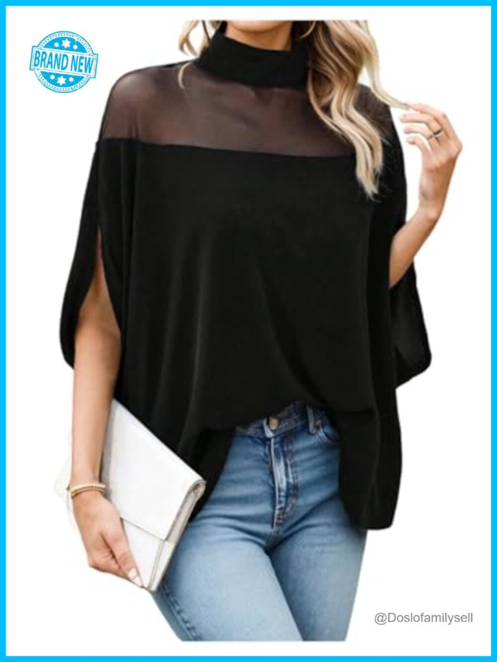 Sheer Mesh Mock Neck Blouse Half Cape Sleeve Loose Top